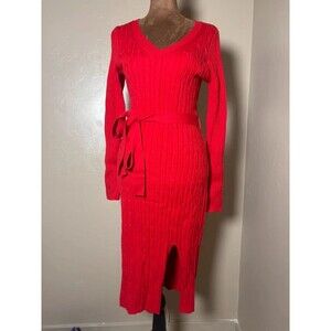 Merokeety red cable knit sweater dress v neck slit medium